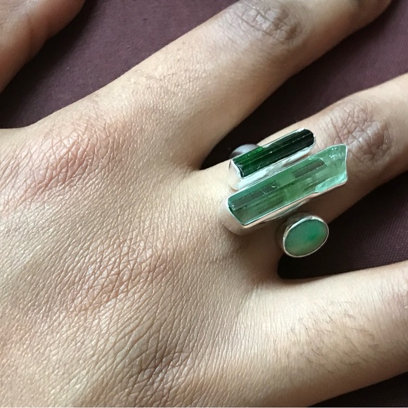 Sterling Silver Jade & Green Tourmaline Ring Size 7 - Picture 2 of 15